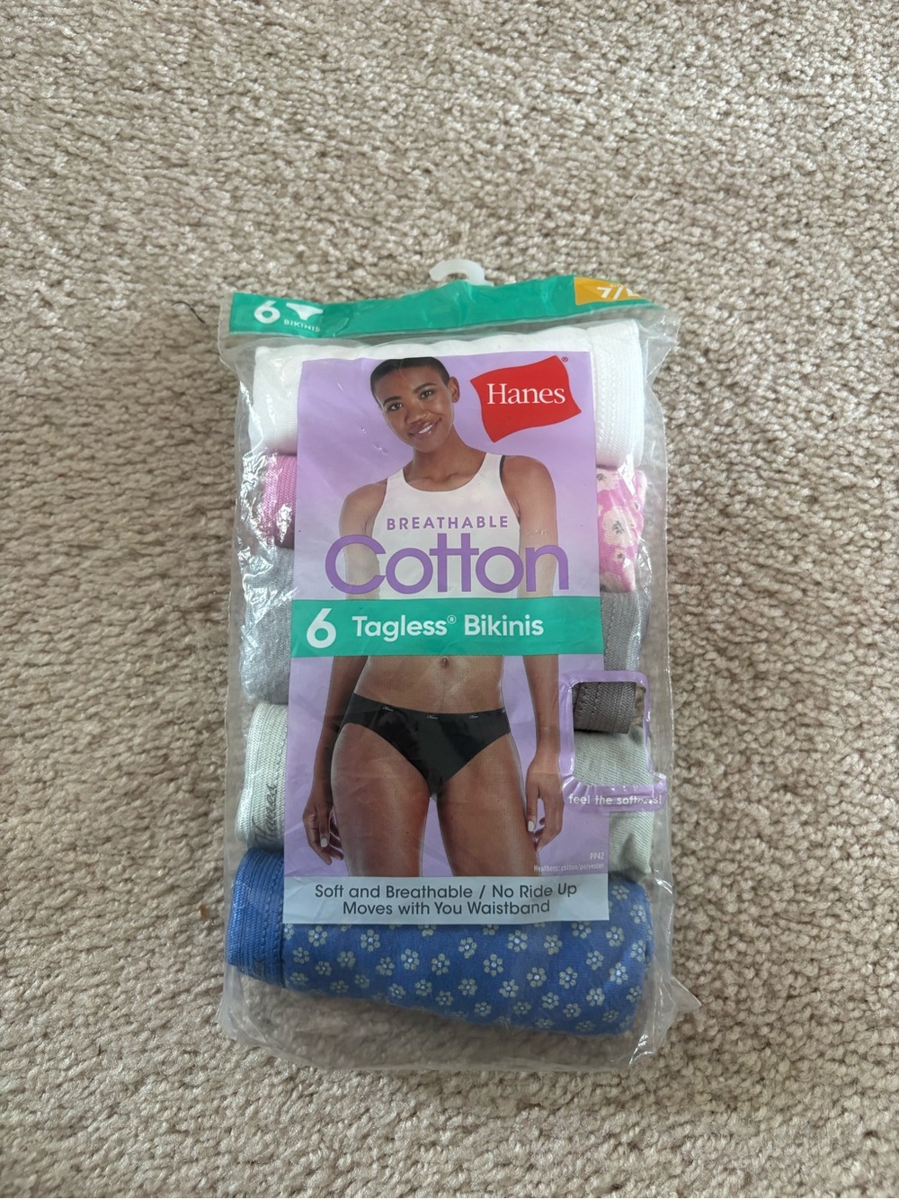 NEW Hanes Breathable Cotton Tagless Bikinis - 6 Pack (White, Pink, Gray, Blue)